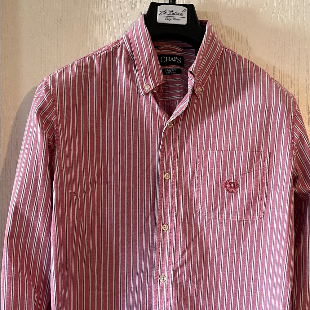 Chaps Men's Red and White Striped Button Down Shirt Stretch Oxford, Size Medium